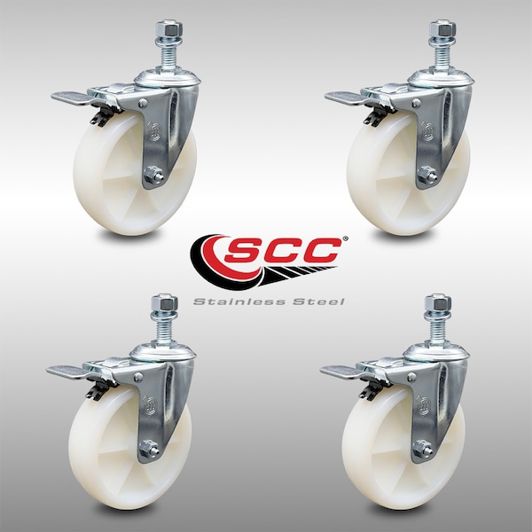 5 Inch SS Nylon Wheel Swivel 10mm Threaded Stem Caster Set Total Lock Brake